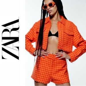 ZARA 2 pcs Orange Tweed Houndstooth Blazer + Shorts Set XS/S